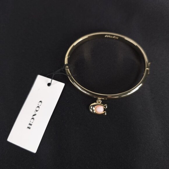 NWT COACH Women’s Goldtone C Charm w/ Rose Quartz Bangle Bracelet - Picture 7 of 14